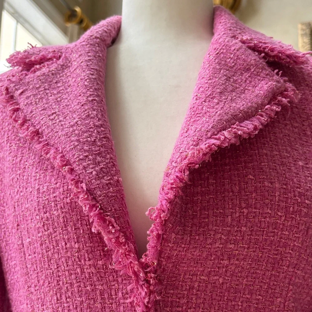 BOSTON PROPER Pink Gold Bouclé Women's Blazer Jacket Fringe Lined size 4 EUC - Picture 8 of 12